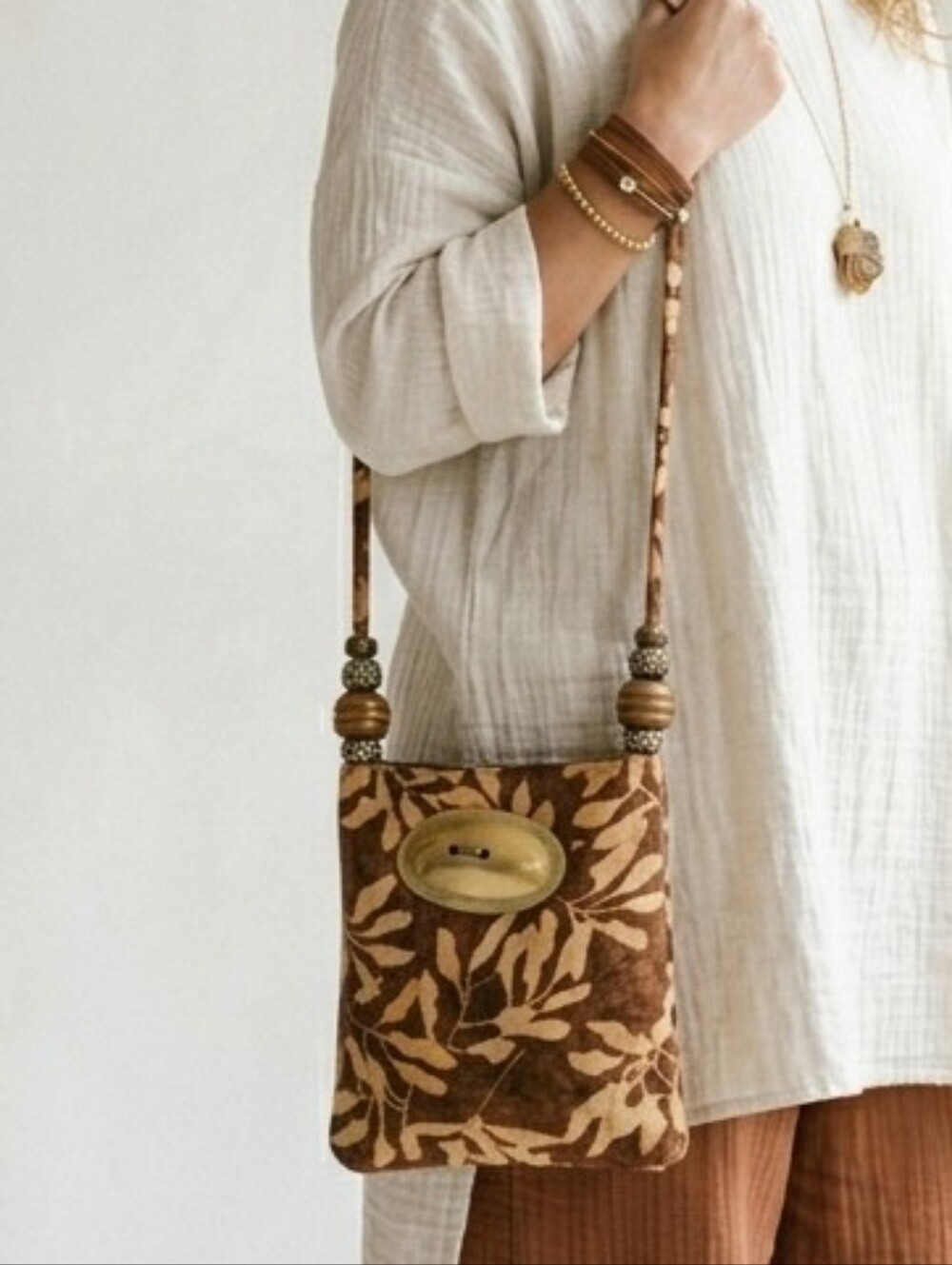Boho Tropical Leaf Print Crossbody Bag Earthy Botanical Shoulder Purse